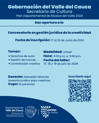 Gobernación abre la convocatoria al taller Gestión Jurídica de la Creatividad