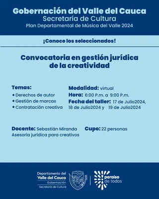 Conoce a los seleccionados en participar del ‘Taller de gestión jurídica de la creatividad’