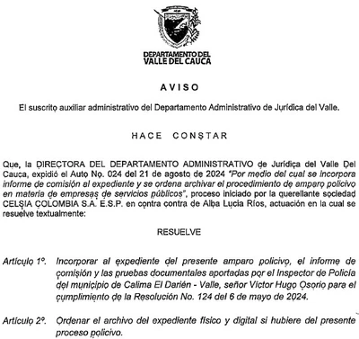 NOTIFICACIÓN POR AVISO - Auto No. 024 del 21 de agosto de 2024